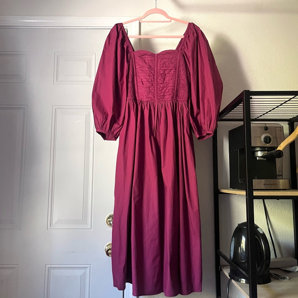 BANJANAN magenta pink purple puff‎ sleeve square cotton neck midi dress